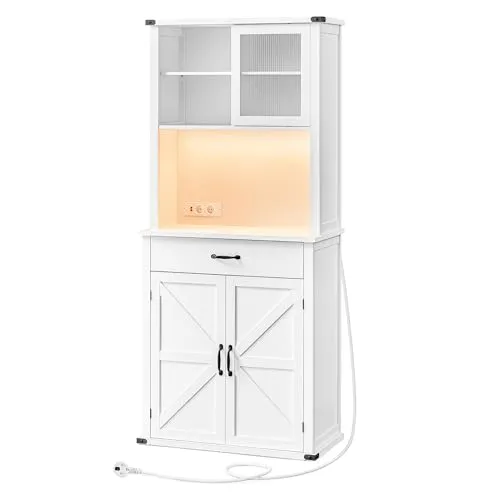 VASAGLE Sideboard mit Beleuchtung, Aufbewahrungsschrank, mit Türen und Schubladen, Küchenschrank, Kaffeebar, verstellbare Ablage, Landhausstil, wolkenweiß BBK363W21