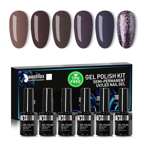 Beautilux Gel Nagellack Semipermanent Ohne-TPO Ohne-HEMA Braun, 6 Farben 10ml Soak Off Dunkelbraun Gel Nagellack Set für Home-Maniküre Nail Art Maniküre Sommer Winter (YT-10)