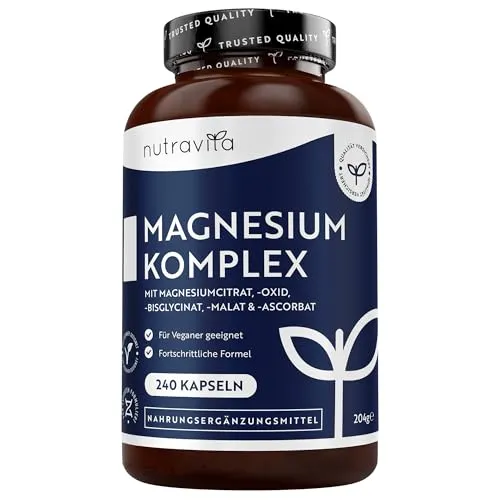 Nutravita Magnesium Komplex - 240 Hochdosierte Kapseln mit 1146mg Magnesiumcitrat -Bisglycinat -Oxid, Bisglycinat, Malat, Ascorbat davon 400mg Elementares Magnesium Vegan pro Tagesdosis