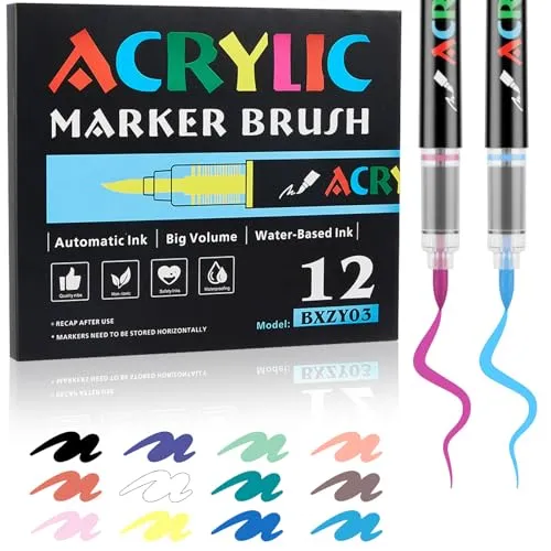 Teouuas 12 Farben Acrylstifte Steine Wasserfest, Acrylstifte Wasserfest | Acrylstiftes Marker Pinsel Spitze, für Malerei, Keramik, Glas, Holz, Metall, Leinwand, DIY Fotoalbum (Multicolor)