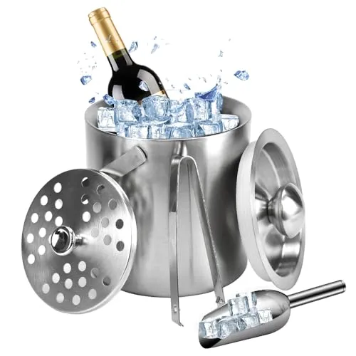 SLTAXAR 1,3L/44OZ Eiskübel Edelstahl Eiseimer Champagner Kühler Eiskühler Sekt Eiswürfelkühler Doppelwandig Eisbehälter Isolier Eiswürfelbehälter Wein Bier Eiskübel mit Deckel Sieb Eiswürfelform