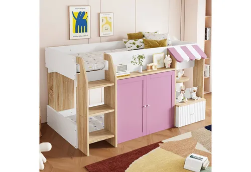 Odikalo Kinderbett Hausbett hochbett 90x200 mit offen Stauraum Kletterleiter Massivholz