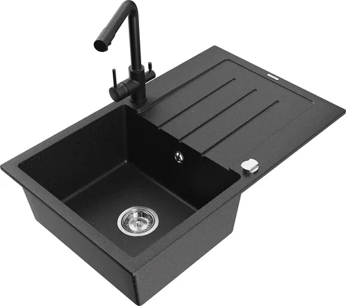 Mexen Bruno Granitspüle 1 Becken mit Abtropffläche und Mischbatterie Duero Schwarz/Silbermetallic