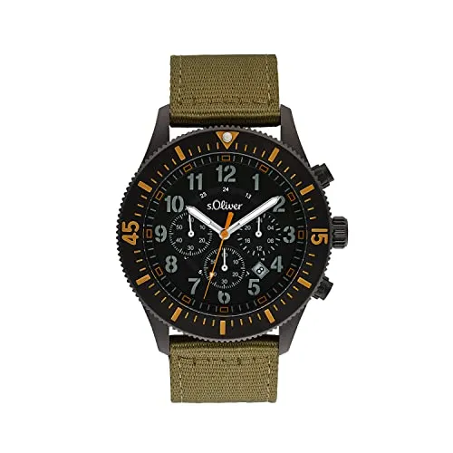 s.Oliver Herren Chronograph Armbanduhr mit Textilarmband - Armbanduhren für Herren, wasserdicht bis 5 bar und mit bequemem Textilarmband, ideal für Alltag und Freizeit.