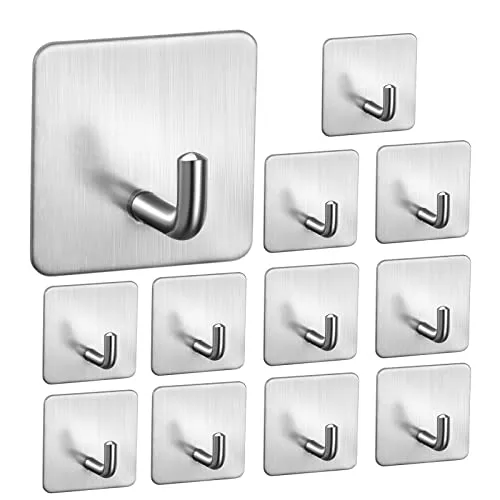 MoonSing Handtuchhaken Haken Selbstklebend, 12 Stück Edelstahl Klebehaken Handtuchhalter Wandhaken, Ohne Bohren, Wasserfest, Rostfrei,Ideal für Badzimmer Toilette Küche Schlafzimmer Büro, Silber