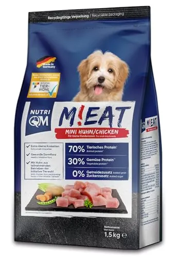 NutriQM® Mini Trockenfutter für Hunde | 1,5 kg Probepack | 70% Fleischanteil | Getreidefreies Hundefutter Trocken für kleine Hunde | Kleine Kroketten | Ohne Zucker & Zusatzstoffe | Made in Germany