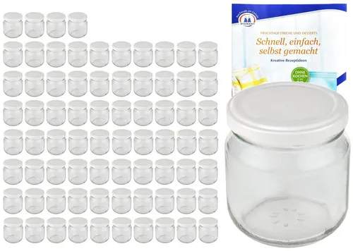 75er Set Rundglas 212 ml mit weißem Deckel und Rezeptheft - Vorratsgläser-Set mit 75 Sturzgläsern (212 ml) und Twist-Off-Deckeln, ideal zum Einmachen von Lebensmitteln und mit Rezeptheft für kreative Ideen.