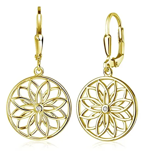 MATERIA Gold Ohrringe hängend Damen - Blume Mandala Zirkonia Silber 925 vergoldet SO-503-Gold - Elegante Ohrringe für Damen im Blumen-Design, mit funkelnden Zirkonia-Steinen und hochwertiger Vergoldung für einen strahlenden Look.