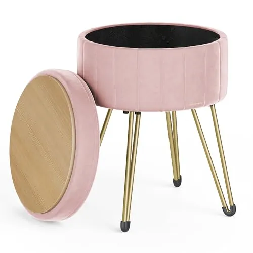 SONGMICS Runder Sitzhocker, mit Stauraum, Samt, 39 cm d, 44,4 cm H