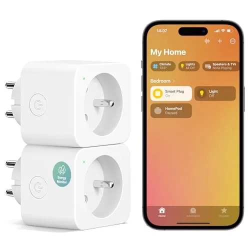 Meross Steckdose (Typ E), 16A WLAN Steckdosen Kompatibel mit HomeKit, Alexa und Google Home, Steckdose mit Stromverbrauchsmessung, Sprachsteuerung und Fernbedienung