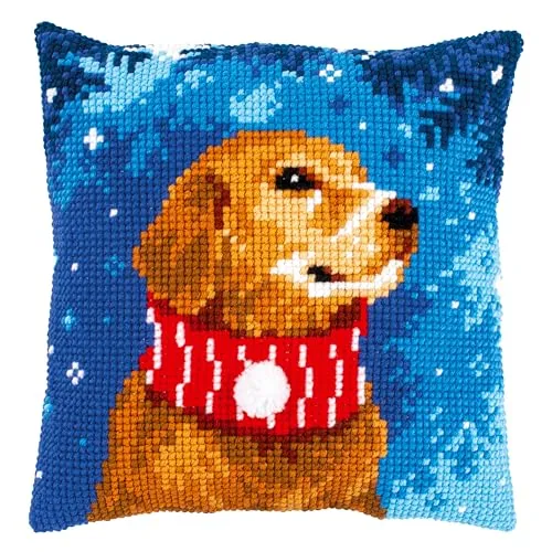 Vervaco Kreuzstichkissen Hund mit Schal, Kreativset - Kreativkästen für DIY-Fans: Dieses Set enthält alles für ein wunderschönes Hundekissen (40 x 40 cm) im Kreuzstich-Design, ideal für kreative Stunden!