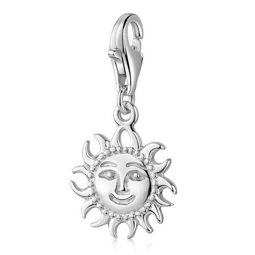 MATERIA Charms Anhänger Sonne Silber 925 - Clasp Charms für Damen, massiver 925 Sterling Silber Anhänger mit lachender Sonne, ideal für Bettelarmbänder und Ketten, hochwertiger Karabiner Verschluss.