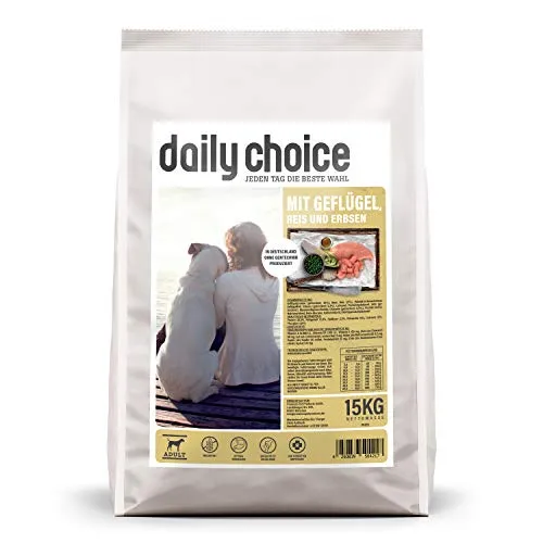 daily choice Basic Hundefutter - 15 kg mit Geflügel, Reis und Erbsen - Weizenfreies Trockenfutter für Hunde, optimal verdaulich mit Chicorée und unterstützt die Gelenke durch Grünlippmuschel. Hergestellt in Deutschland, ohne Farb- und Konservierungsstoffe.