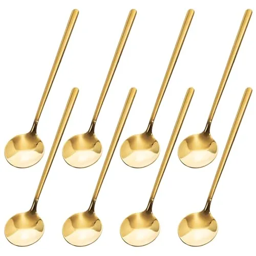 Kaffeelöffel Edelstahl, 8 Stück 13cm Kleine Löffel Dessertlöffel Eislöffel Teelöffel Mokkalöffel Runde Rührlöffel für Zuhause Küche Café Dessert Geschäft Bar, Gold