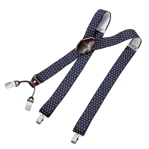 DonDon Hosenträger Herren extra stark Raute blau weiß 3,5 cm Hosenträger Herren breit mit brauem Leder in Y-Form lang - Starke Clips passend für Anzug Jeans Chinos Vintage Rockabilly Suspenders