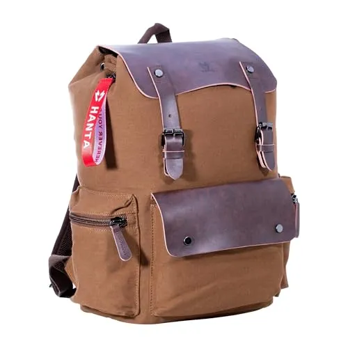 Hanta Nature Rucksack Canvas 25L Outdoor Rucksack aus Leder und Canvastoff Wanderrucksack für Ausflüge, Camping, Alltags-Rucksack für Damen und Herren mit Lederriemen und Reißverschlüssen - braun
