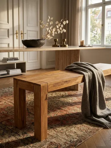 KADIMA DESIGN Sitzbank Esszimmer Sitzbank MUMBAI Massiv-Holz Akazie 160 x 45 x 35 cm, Holz-Bank Natur-Produkt Küchenbank im Landhaus-Stil