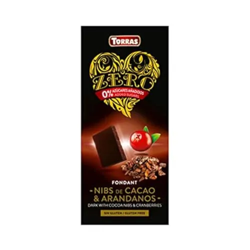 Torras Zero Schokolade, Schokolade ohne Zucker, Low Carb Schokolade, Dunkle Kakao Nibs mit Cranberries, Tafel (125g)