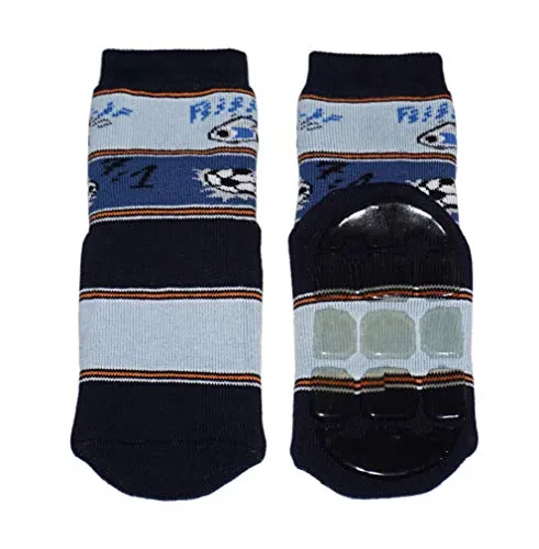 Weri Spezials Baby und Kinder Voll ABS Frottee Anti-Rutsch Socken für Jungen und Mädchen (35-38, Marine-Jeans Fußballspiel)
