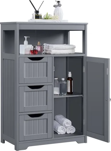 Yaheetech Badezimmerschrank Beistellschrank aus Holz mit 3 Schubladen & verstellbarer Ablagefläche, Dunkelgrau