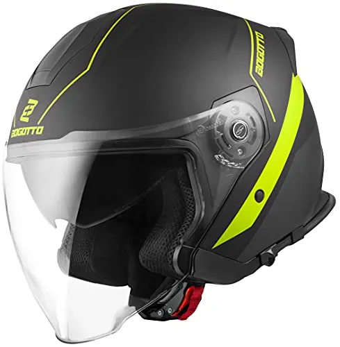 Bogotto V586 Detri Jethelm XL, schwarz-gelb - Motorradhelm mit thermoplastischer Außenschale, kratzfestem Visier und integriertem Sonnenvisier für optimalen Schutz und Komfort.