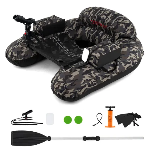 COSTWAY Belly Boot, Belly Boat mit einstellbarem Angelrutenhalter, Fischhakenstator, Pumpe, Aluminium-Paddel & Flossen, Angelboot für Erwachsene