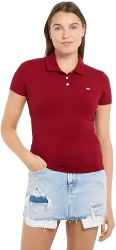 Tommy Jeans Damen Poloshirt Kurzarm Essential Polo Slim Fit, Rot (Red Carpet), L