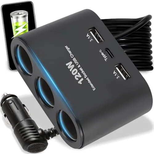 Retoo Zigarettenanzünder Verteiler 3 Fach, Auto Ladegerät mit 2X USB 1x Typ C, Adapter mit Kabel Splitter 23cm, Steckdose 12V 24V 120W Power Delivery Quick Charge für Auto, Lastwagen, Camper, Schwarz