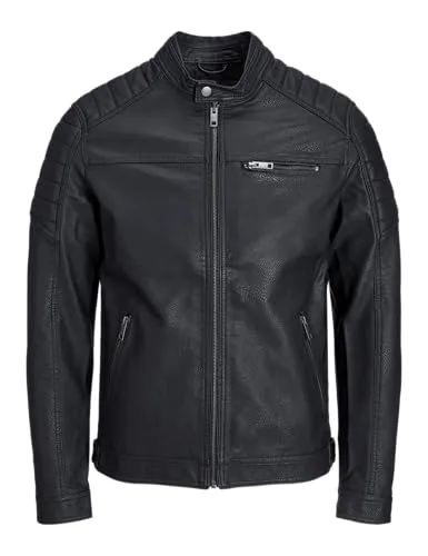 JACK JONES Male Lederjacke Faux XLBlack - Kunstleder Übergangsjacke mit Schulterpolstern, zeitloses Design für vielseitige Outfits