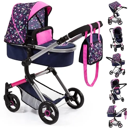 Bayer Kombi-Puppenwagen Vario in Blau/Pink mit Wickeltasche - Puppenwagen für Kinder ab 3 Jahren, umbaubar zum Sportwagen, inklusive praktischer Wickeltasche und schwenkbaren Vorderrädern für einfaches Manövrieren.