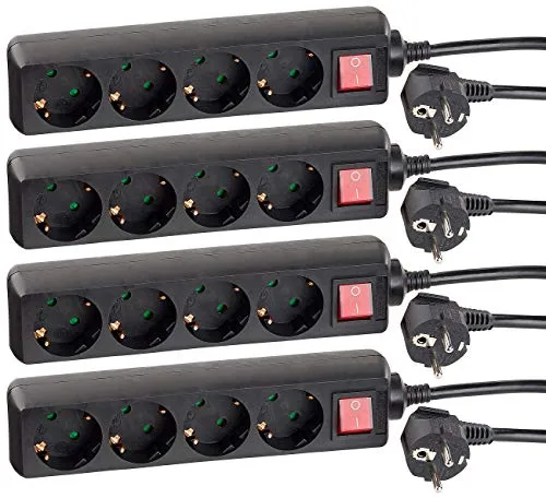 revolt Mehrfach-Stromverteiler: 4er Pack 4-Fach-Steckdosenleiste mit beleuchtetem Netzschalter, (Verteilersteckdosenleiste, Steckerleiste, Verlängerungskabel)