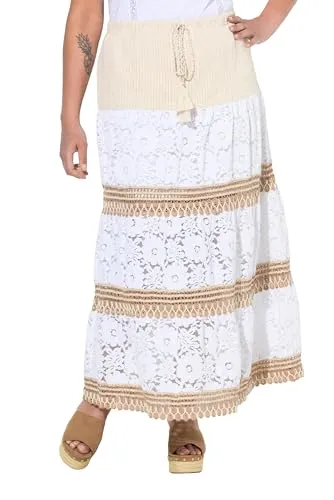 MIAMODA Damen große Größen Übergrößen Plus Size Maxirock, A-Linie, Spitzen-Streifen und Stickerei schneeweiß 54 838520200-54