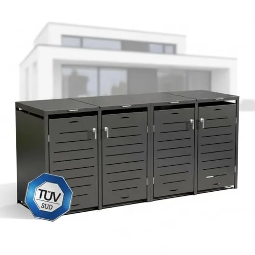 Mucola Mülltonnenbox 240L - Modular erweiterbare Mülltonnenverkleidung - Mülltonnenbox für 4 Tonnen, modular erweiterbar und mit rostfreien Gasdruckdämpfern ausgestattet. Ideal für eine ordentliche und stilvolle Abfallentsorgung im Garten.