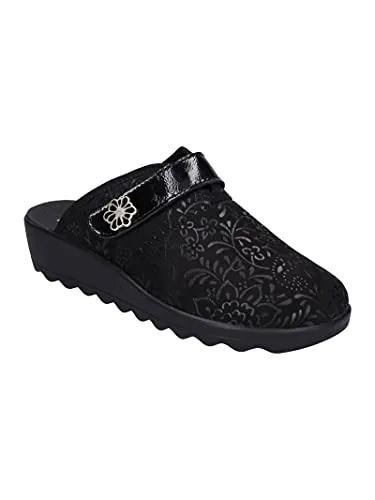 Westland Gina 110 - Bequeme Hausschuhe für Damen - Schwarze Hausschuhe aus Leder-Textil-Mix mit floralem Muster, ideal für den Alltag. Der praktische Klettverschluss sorgt für perfekten Halt und hohen Tragekomfort.