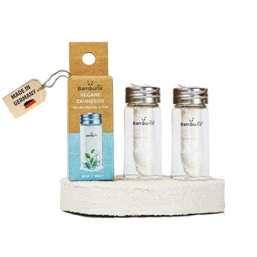 BAMBUNA Zahnseide im Glas mit Minzgeschmack 30m - Dental Floss - Zahn-seide vegan aus Maisstärke - Zahn-seide plastikfrei (2er Bundle vegane Zahnseide (2x30m))