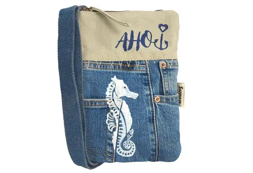 Sunsa Damen Umhängetasche - Maritim Vintage Design aus recycelten Materialien - Umhängetaschen: Nachhaltige Crossover Bag aus recycelten Jeans und Leder, ideal für Seeliebhaber mit individuellem Stil und maritimem Flair.