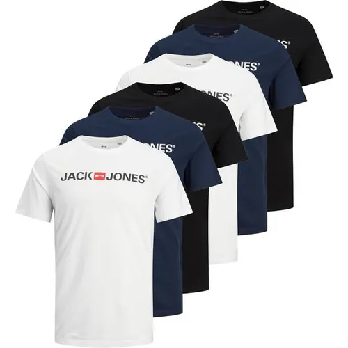 JACK AND JONES Herren T-Shirt 6er Pack - JJECORP LOGO TEE CREW NECK - Hochwertiges T-Shirt im 6er Pack mit klassischem Rundhalsausschnitt und Logodruck. Aus reiner Baumwolle für hohen Tragekomfort. Ideal für Freizeit und Sport.