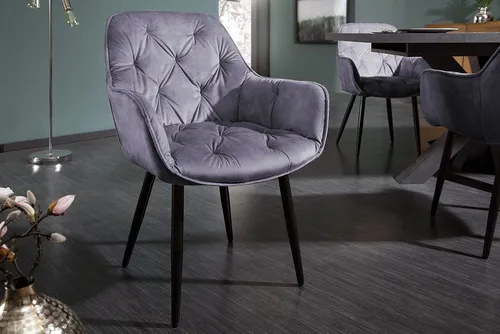 Riess Ambiente Design Stuhl Milano grau Samt - Esszimmerstuhl mit hochwertigem Samtbezug und Chesterfield Steppung, ideal für stilvolle Akzente in Küche oder Esszimmer.
