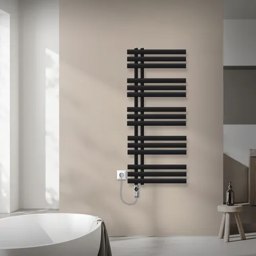 LuxeBath Handtuchheizkörper 50x120cm mit Heizstab 900W - Eleganter Designheizkörper in Schwarz matt, kombiniert Heizfunktion und Handtuchhalter für effiziente Wärme und Komfort im Bad.
