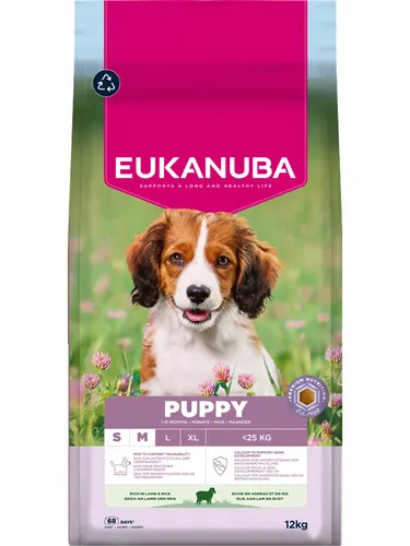 Eukanuba Welpenfutter mit Lamm & Reis - Trockenfutter für kleine und mittelgroße Rassen, 12 kg - Premium Hundefutter für Welpen (1-12 Monate) mit leicht verdaulichem Lamm und Reis, ideal für empfindliche Mägen. Fördert gesunde Verdauung und glänzendes Fell.