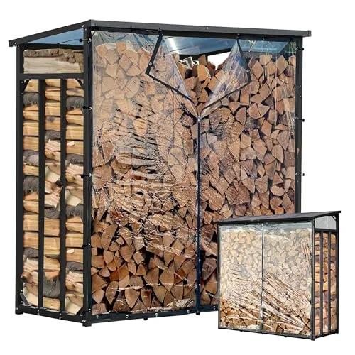 QUICK STAR Metall Kaminholzregal XXL mit Wetterschutzfolie - Robustes Kaminholzregal 185x70x185 cm aus pulverbeschichtetem Stahl, bietet Platz für 2,3 m³ Holz und kommt mit transparentem Wetterschutz - ideal für Garten und Outdoor.