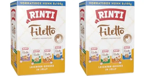 Rinti Filetto Multibox - Doppelpack 16 x 100g - Fettarmes Ergänzungsfutter für Hunde mit bis zu 48% Hühnerbrustfilet, leicht verdaulich und ideal für ernährungssensible Hunde. Vier köstliche Sorten in praktischen Frischebeuteln.