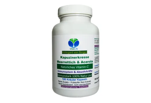 VitalLife Immunstark Kapuzinerkresse, Meerrettich, Acerola NATÜRLICHES Vitamin C Kapseln, 1 er Dose à 180 St., 82.8 g, Art. 26665-180