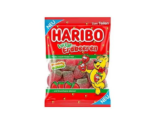 HARIBO Wilde Erdbeeren saures Fruchtgummi 175g - Erlebe den intensiven Erdbeer-Geschmack mit HARIBO Wilde Erdbeeren! Die fruchtigen Fruchtgummis mit saurer Zuckerschicht bieten ein unwiderstehliches Geschmackserlebnis – perfekt für unterwegs oder zum Teilen!