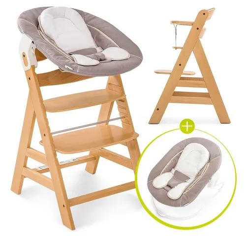 Hauck Hochstuhl Alpha Plus Natur - Newborn Set (Set, 4 St), Holz Babystuhl ab Geburt mit Aufsatz für Neugeborene höhenverstellbar