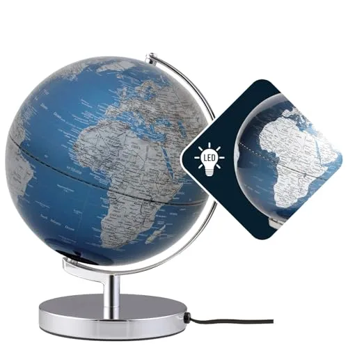 TROIKA Globus TERRA LIGHT Ø 25 cm - Lehrmaterial Globen – beleuchteter LED Globus mit metallicblauen Meeren und silbernen Landflächen, ideal als stilvolles Geschenk oder dekoratives Element für jedes Zuhause.