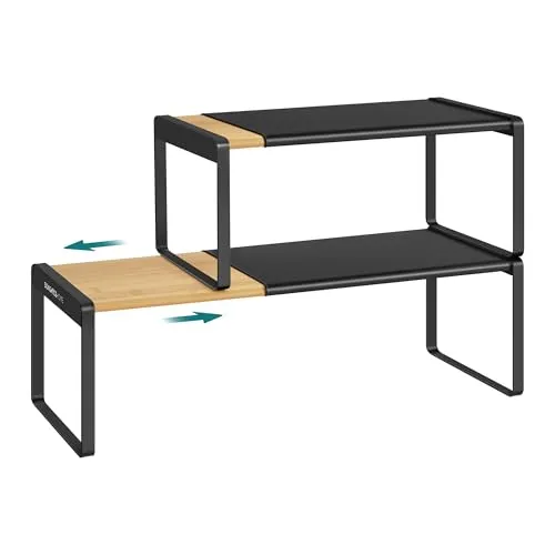 SONGMICS HOME Gewürzregal, 2er Set, ausziehbar, Küchen-Organizer, Küchenregal, Schrank-Organizer, Gewürzhalter, Küche, kleines Regal, stapelbar, Tisch-Organizer, naturbeige-tintenschwarz KCS051B01