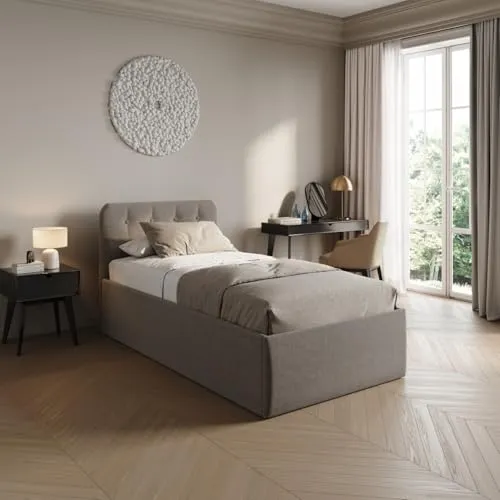 Home Collective Polsterbett 100x200 cm Doppelbett Bett mit verstellbarem Lattenrost & Bettkasten, Matratze Federkern H2, gepolstertes Kopfteil, Made in Germany | Dunkelbeige