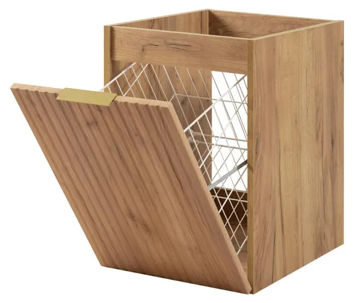Badezimmerschrank mit Wäschekorb, Eiche Craft, 40 x 57 x 46 cm, goldene Griffe