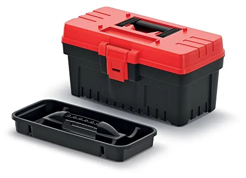 Werkzeugkoffer Werkzeugbox Werkzeugkasten mit Werkzeugtrage Ergonomischer Griff Robuster Deckel ABS Klemmverschlüsse (360 x 193 x 186 mm, Schwarz-Rot)